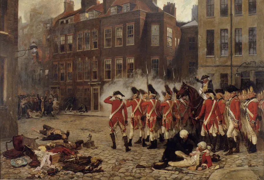 The Gordon Riots, a 19th-century painting by John Seymour Lucas showing soldiers facing the rioters