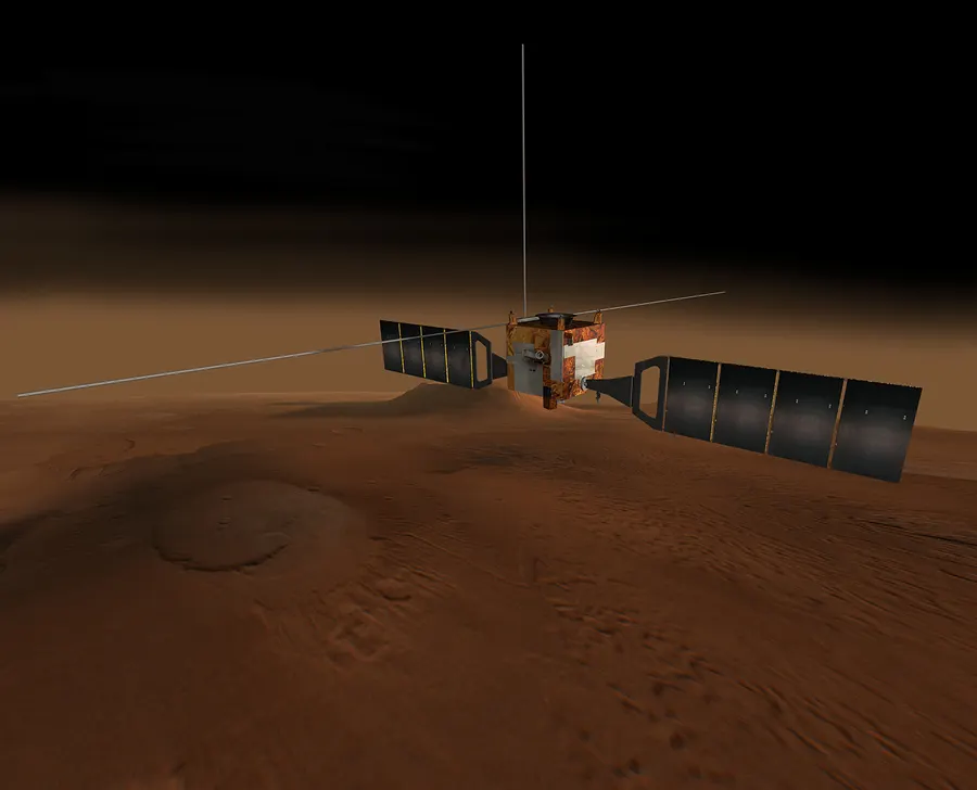 An artist's impression of the Mars Express orbiter above the surface of Mars