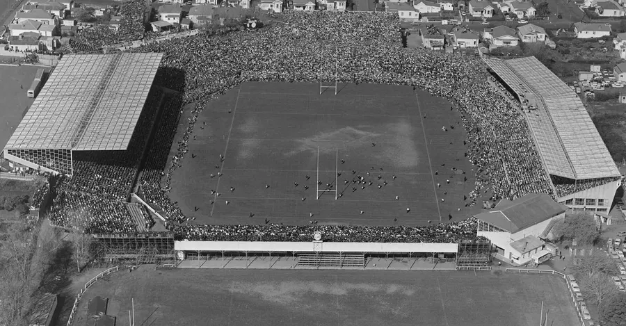 Eden Park in Auckland, the ground where the first Rugby World Cup final was played, seen from the air in 1965