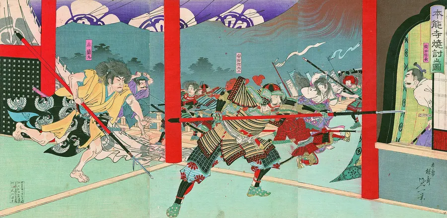 The attack on the Honnō-ji temple, a Meiji-era woodblock triptych by Yōsai Nobukazu