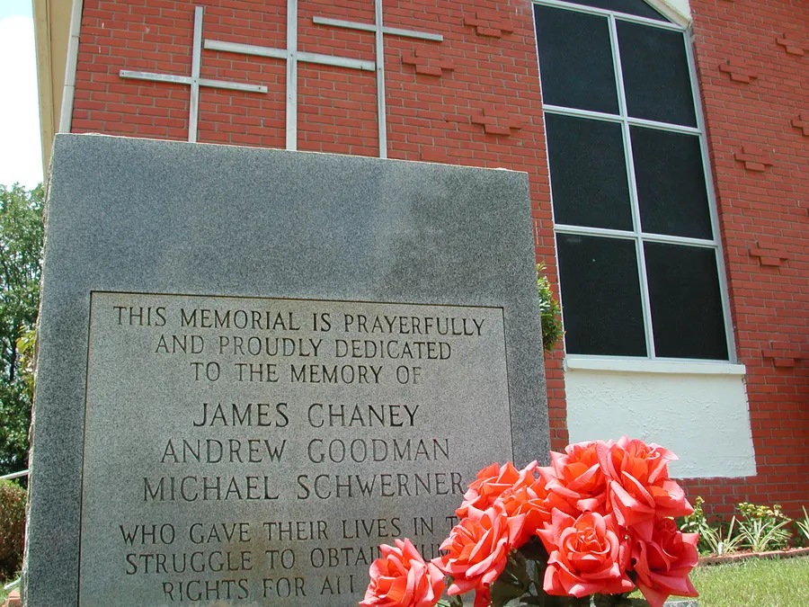 The memorial to James Chaney, Andrew Goodman and Michael Schwerner outside the church at Longdale, Mississippi