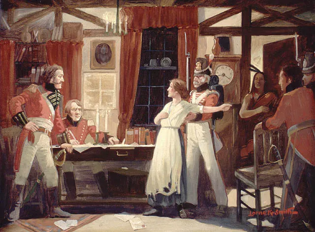Laura Secord warning Lieutenant James FitzGibbon, painted by Lorne Kidd Smith around 1920