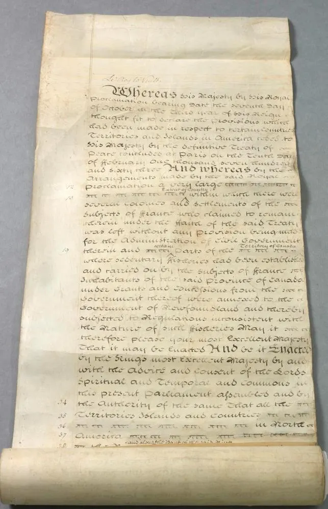 The original parchment of the Quebec Act, 1774, held in the Parliamentary Archives, London