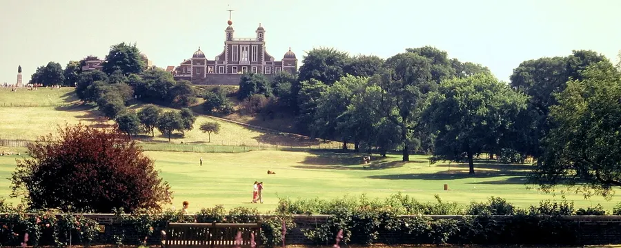 Flamsteed House, the original building of the Royal Observatory, on its hilltop above Greenwich Park