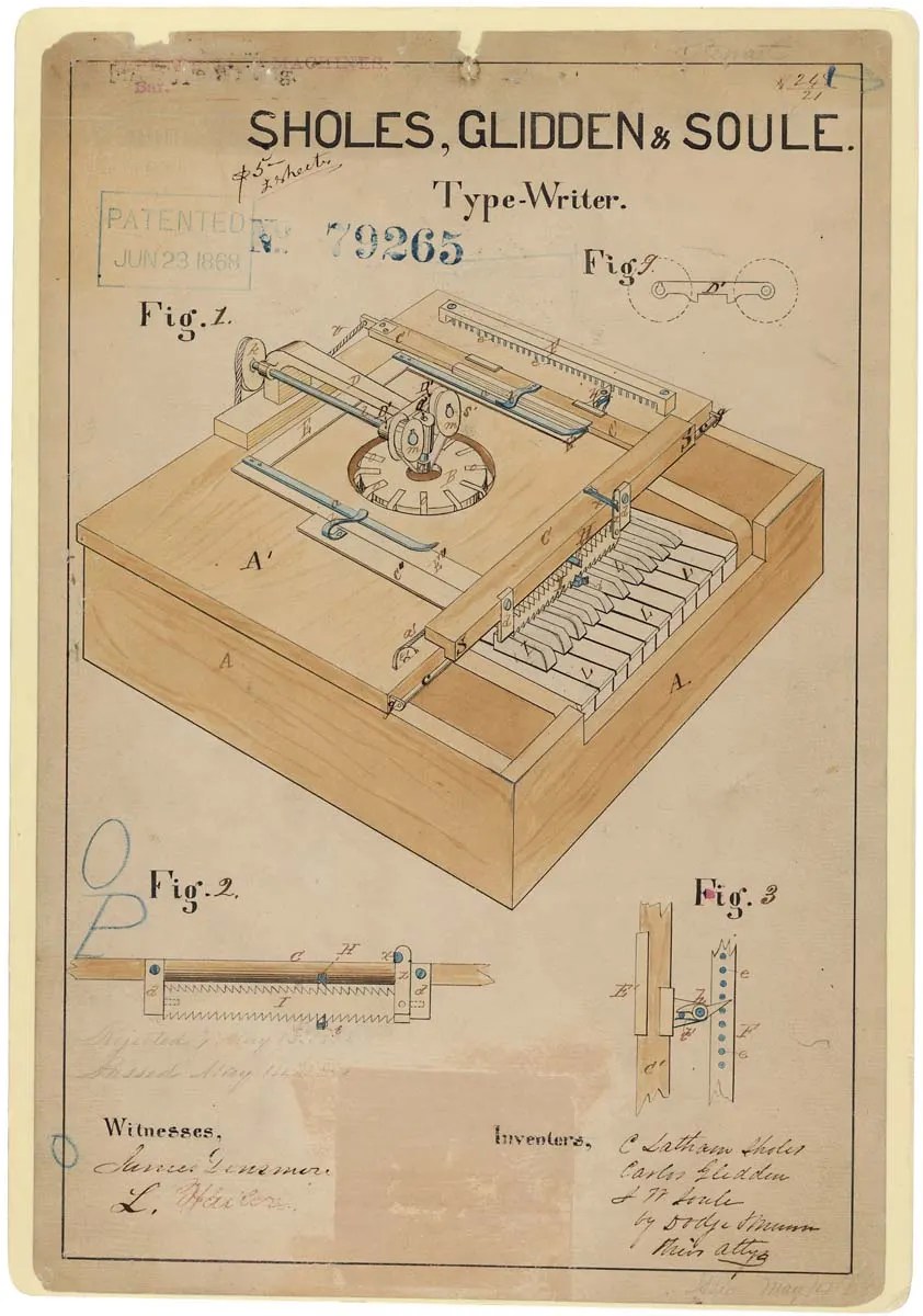 The patent drawing for the typewriter of Sholes, Glidden and Soule, granted on 23 June 1868