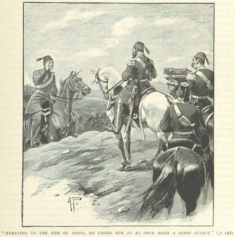 The Prussian adviser Helmuth von Moltke urges the Ottoman commander Hafiz Pasha to attack at Nizip, an illustration from a Victorian book of 19th-century battles