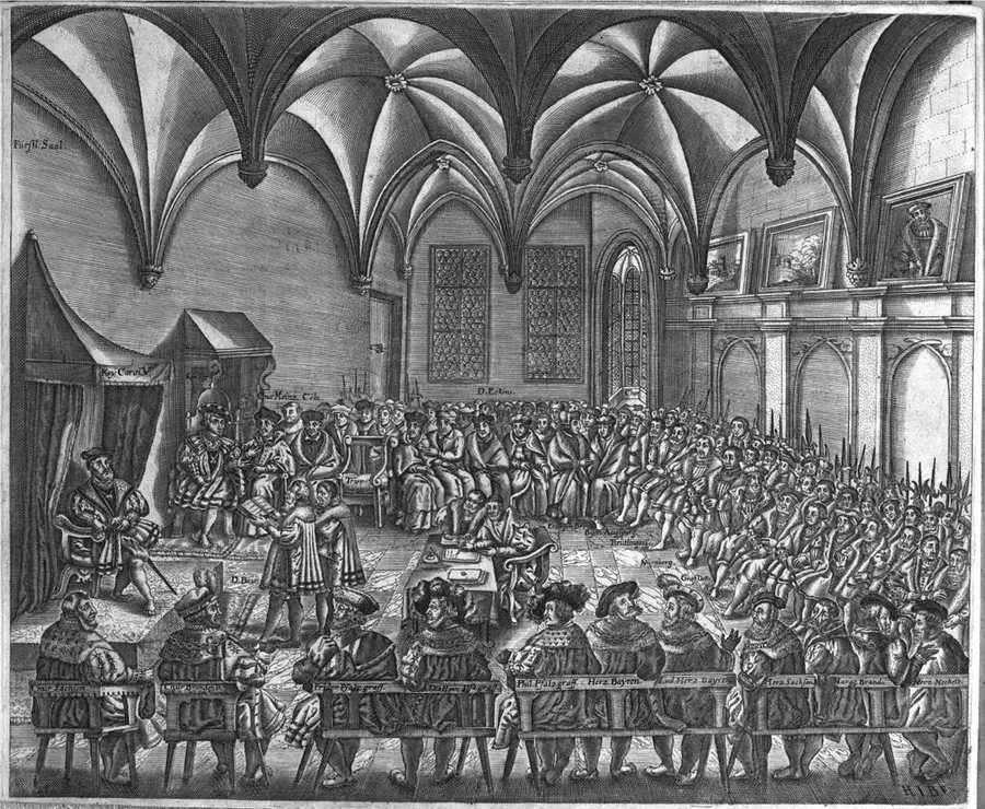 An old print of the Diet of Augsburg, showing the Augsburg Confession being read aloud before the emperor Charles V