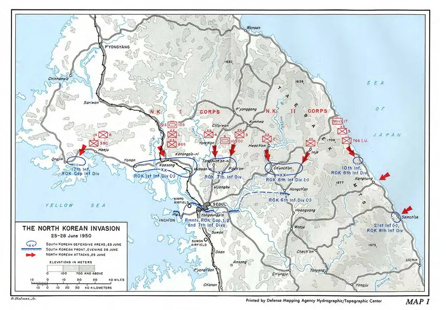 A US Army map of the North Korean invasion of the South, 25 to 28 June 1950