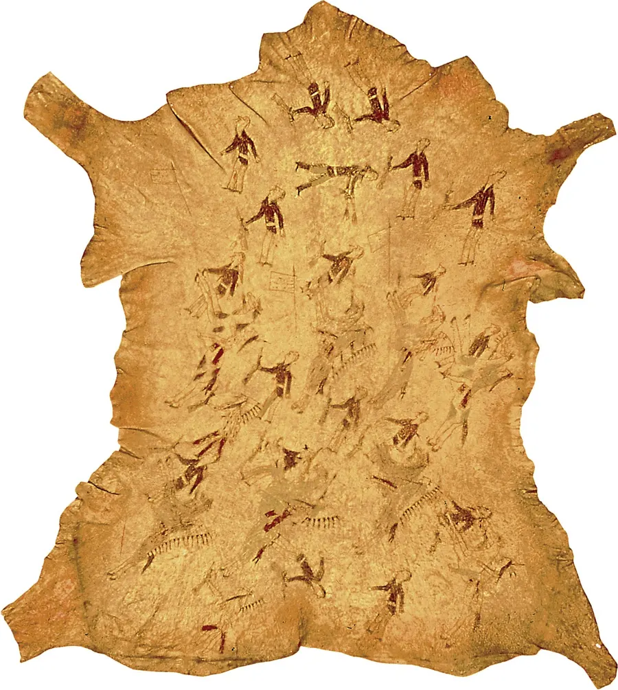 The Battle of the Little Bighorn painted on a bison hide by a Cheyenne artist, about 1878