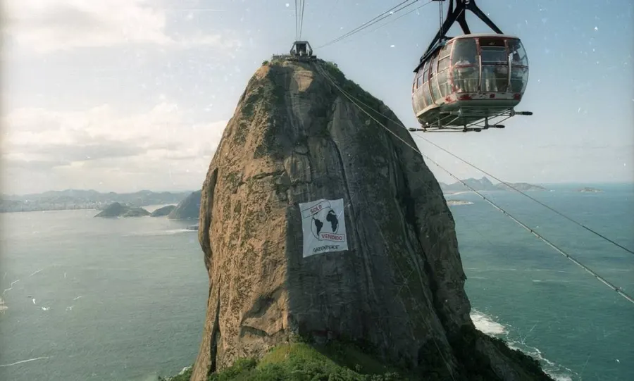 A Greenpeace banner on Rio's Sugarloaf Mountain during the Earth Summit of 1992