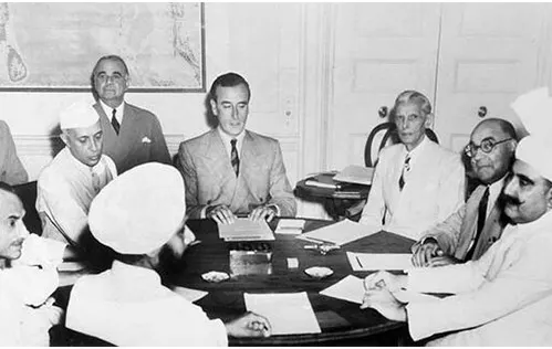 Lord Mountbatten at the conference table with Nehru, Jinnah and other Indian leaders during the partition talks of 1947