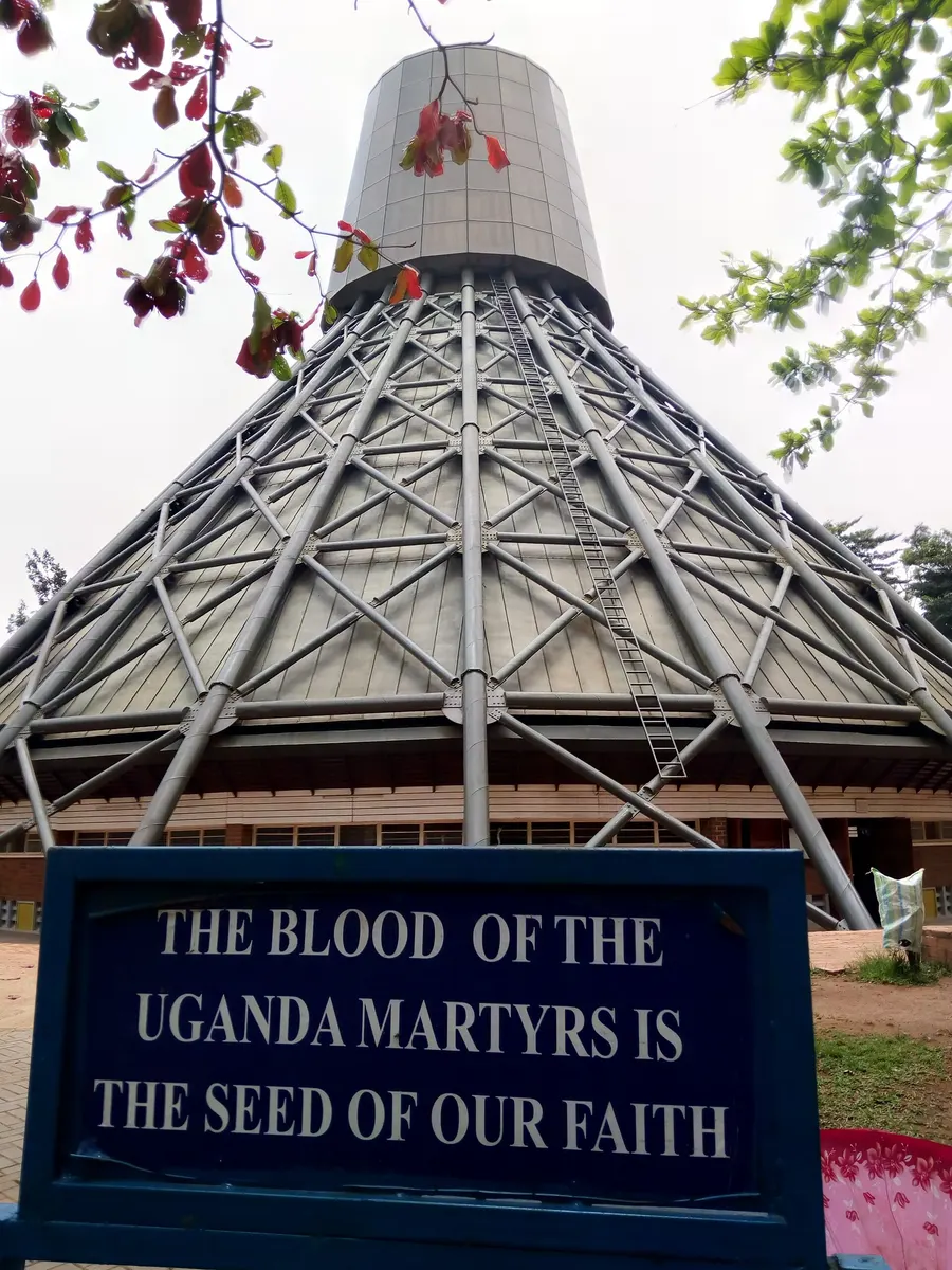 The shrine at Namugongo, with a sign reading 'The blood of the Uganda martyrs is the seed of our faith'