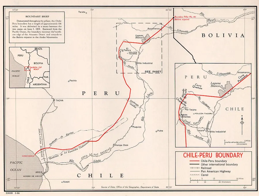 A US State Department map of the Chile-Peru boundary drawn by the 1929 treaty