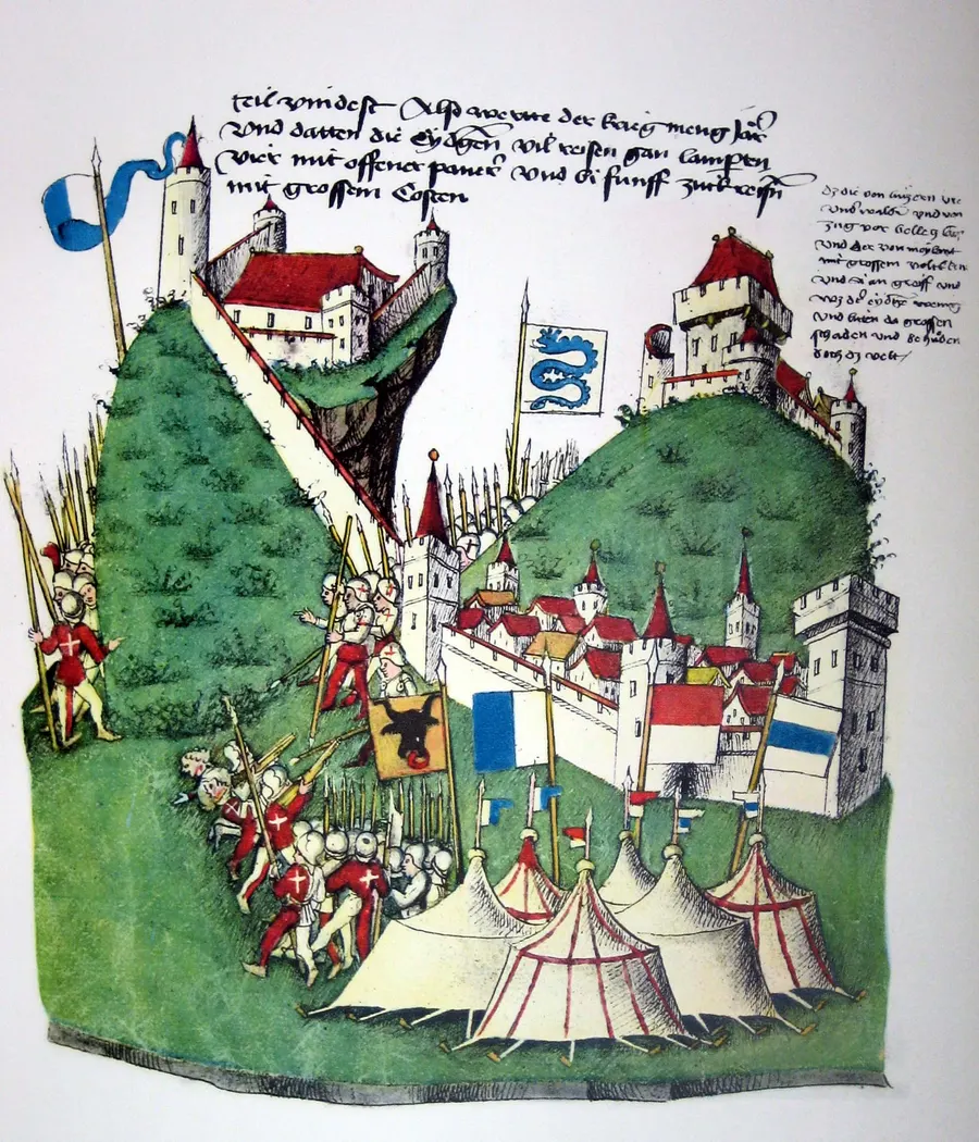 The Battle of Arbedo in the Tschachtlan Chronicle of 1470, with the Swiss camp before the castles of Bellinzona