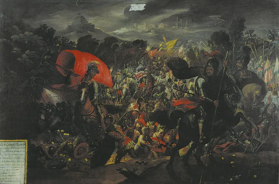 The Spaniards' night-time flight from Tenochtitlan, in a late 17th-century painting from a series on the conquest of Mexico