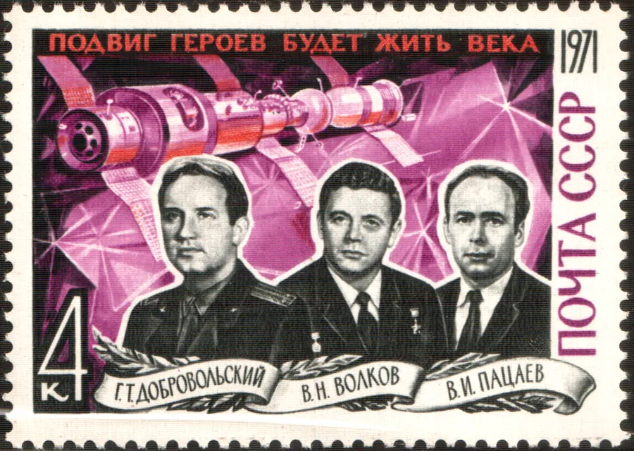 A Soviet stamp of 1971 honouring the Soyuz 11 cosmonauts Dobrovolsky, Volkov and Patsayev