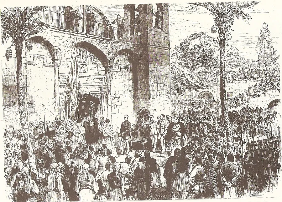 Greek Cypriot clergy blessing the British flag in Nicosia, from The Illustrated London News, 1878