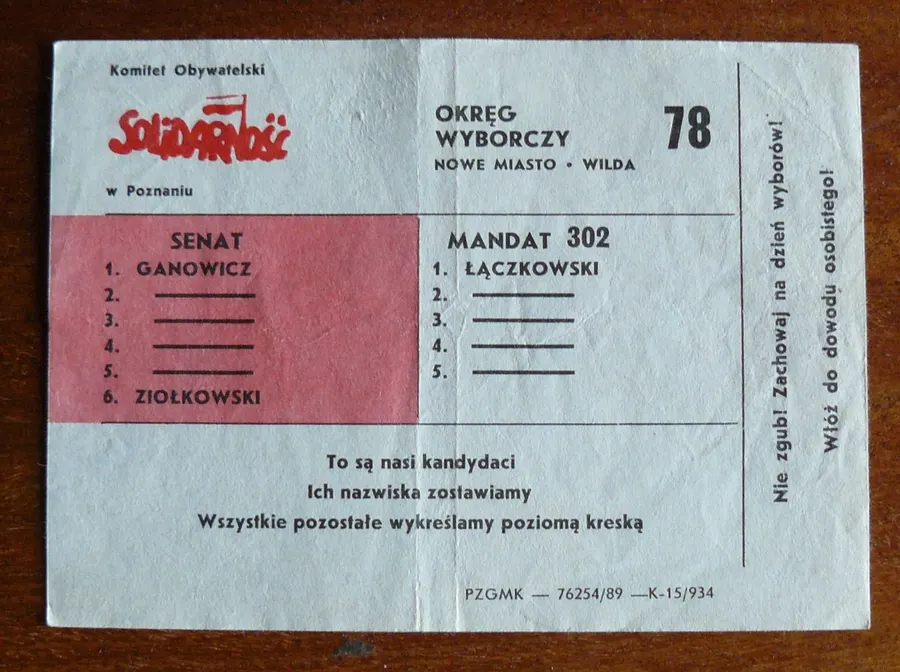 A Solidarity voting guide from Poznań for the June 1989 election, listing the candidates to keep on the ballot