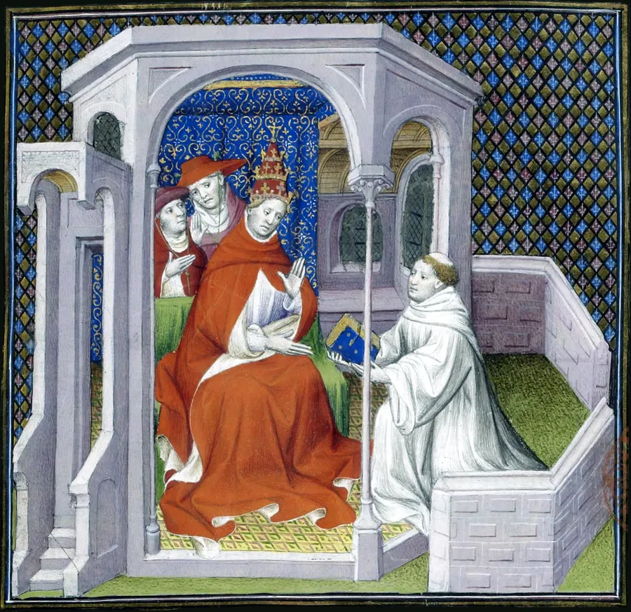 The Armenian monk Hayton of Corycus presents his book to Pope Clement V, in a 15th-century French manuscript