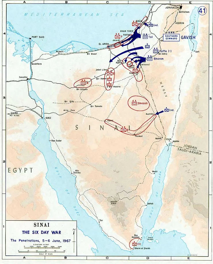 A US Army map of the Sinai campaign of the Six-Day War, showing Israeli advances on 5 and 6 June 1967