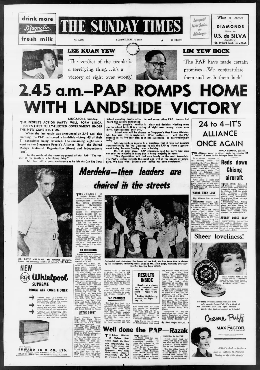 The Sunday Times of Singapore reports the People's Action Party's landslide election victory, 31 May 1959