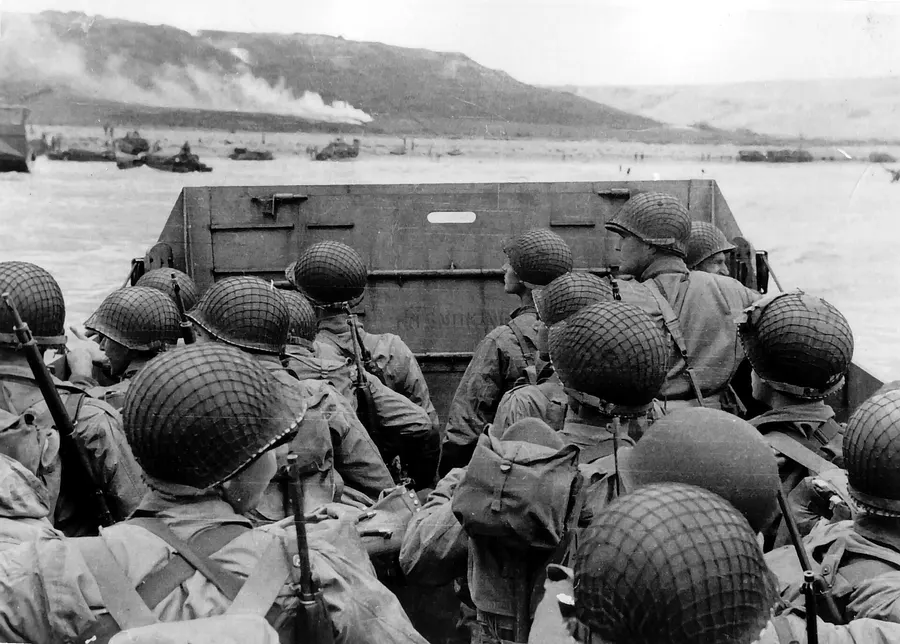 American troops in a landing craft heading for Omaha Beach on the morning of 6 June 1944