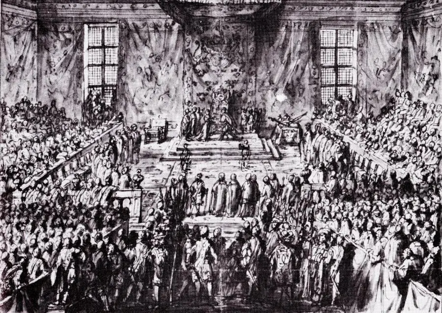 Christina's abdication at Uppsala Castle in 1654, drawn by Erik Dahlberg