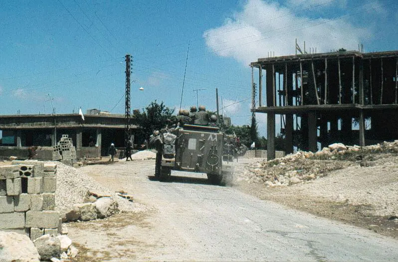 An Israeli armoured personnel carrier on a village road in southern Lebanon