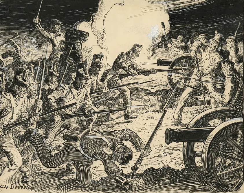 The night fight at Stoney Creek, in a drawing by the Canadian artist C. W. Jefferys