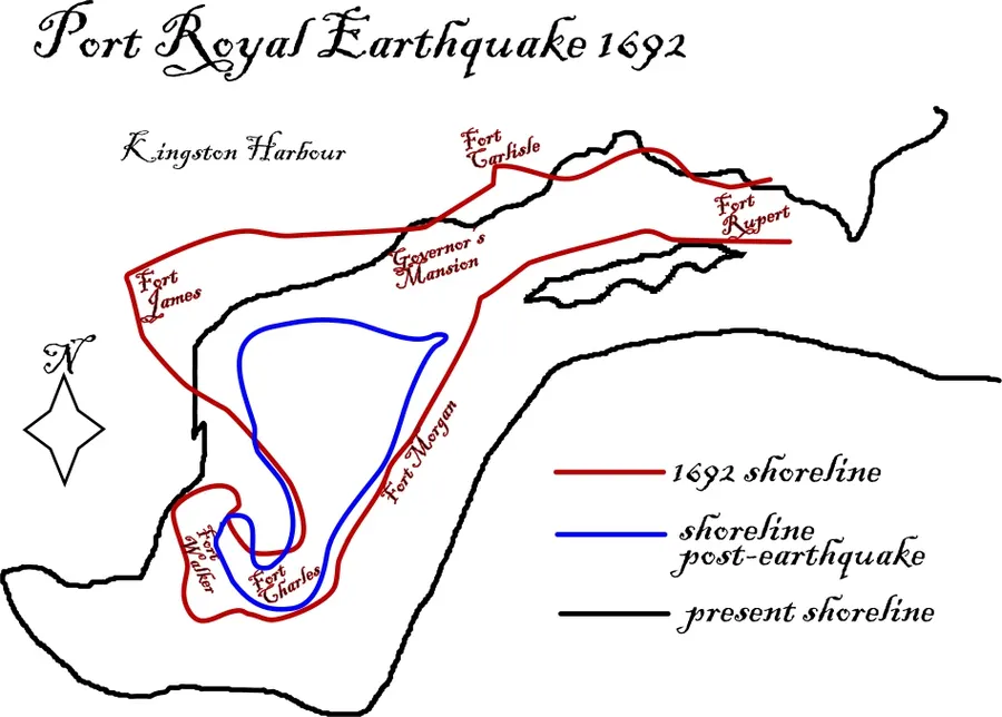 A map of Port Royal comparing the shoreline before and after the earthquake of 1692 with the present-day coast