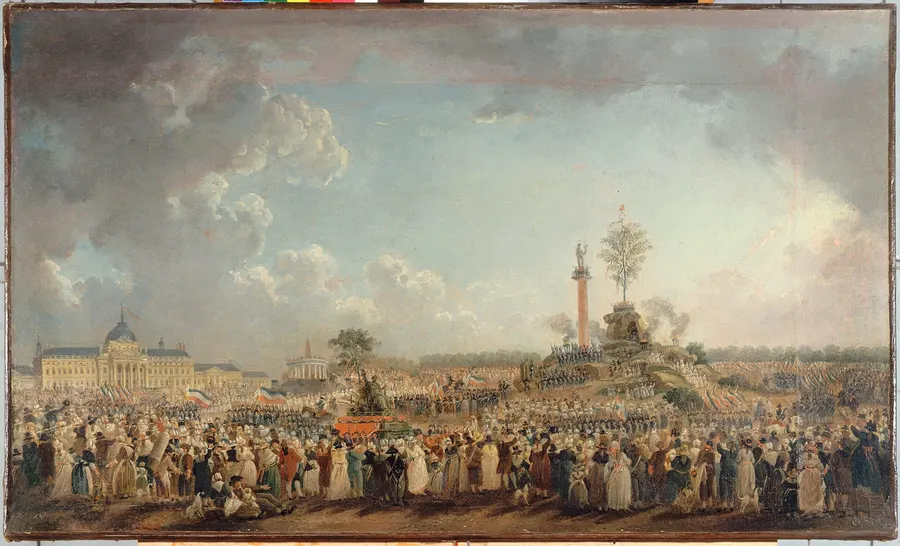 The Festival of the Supreme Being at the Champ de Mars, with its artificial mountain and column, painted by Pierre-Antoine Demachy