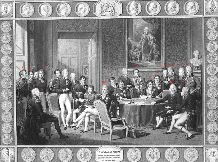 The delegates of the Congress of Vienna in conference, an engraving after the drawing by Jean-Baptiste Isabey