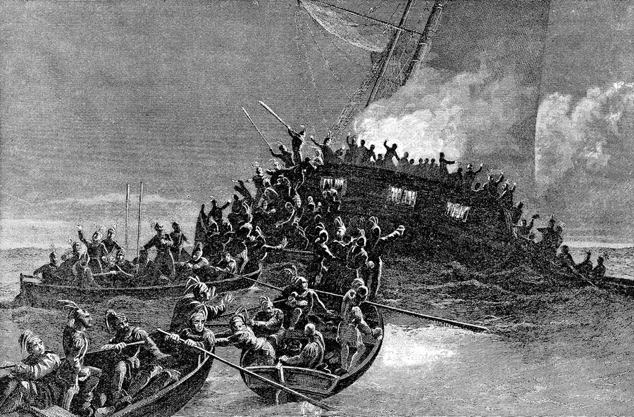 The destruction of the schooner Gaspee in Narragansett Bay, a 19th-century engraving