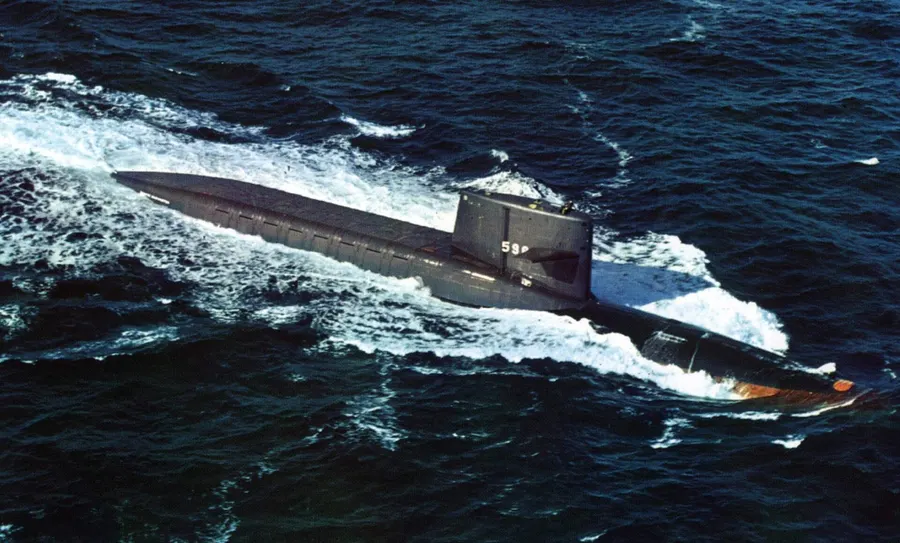 The ballistic missile submarine USS George Washington under way at sea, around the 1970s