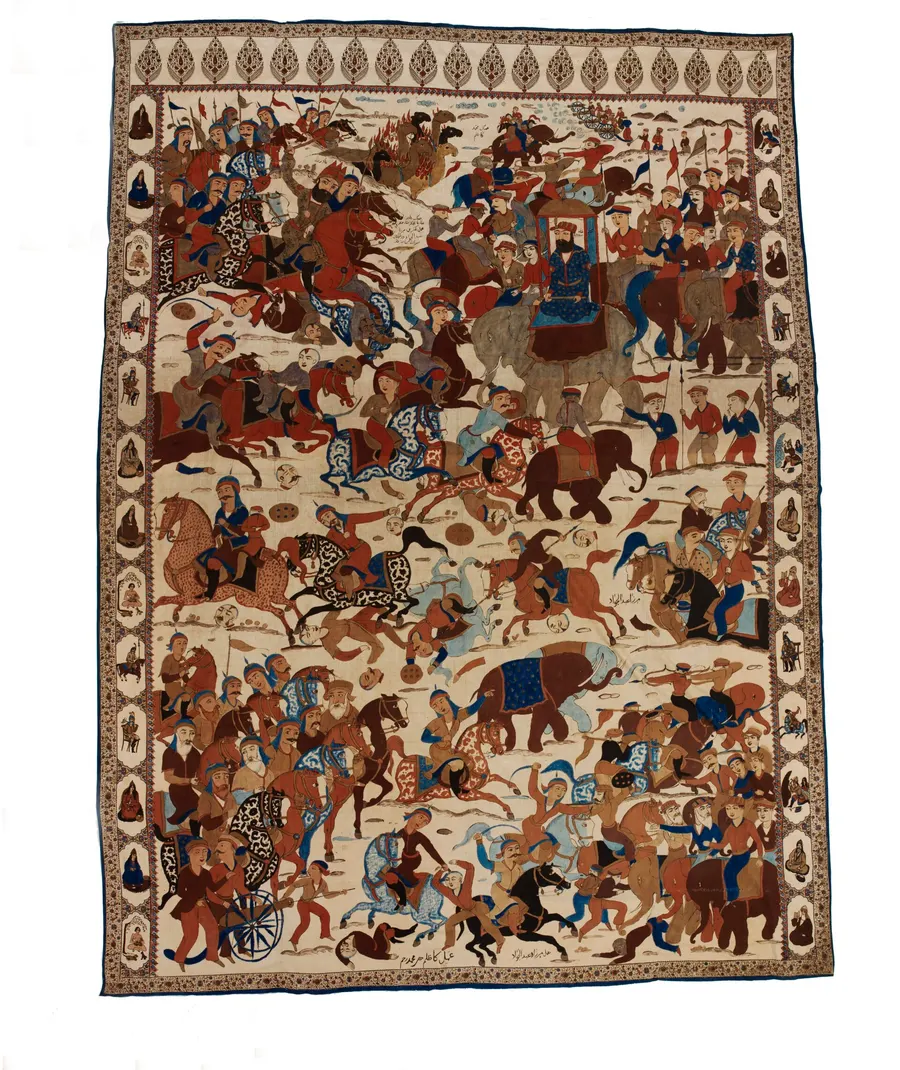 A painted cotton hanging, probably 19th century, showing Nader Shah's army defeating Muhammad Shah's at Karnal.