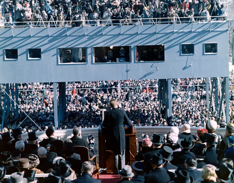 John F. Kennedy delivers his inaugural address at the Capitol in Washington, 20 January 1961.
