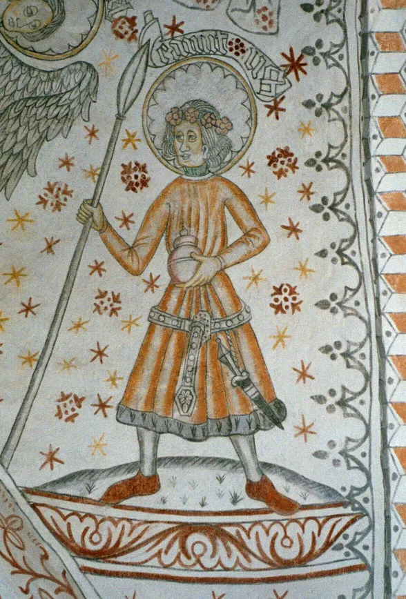A medieval wall painting of Knud Lavard in Vigersted church, Denmark.