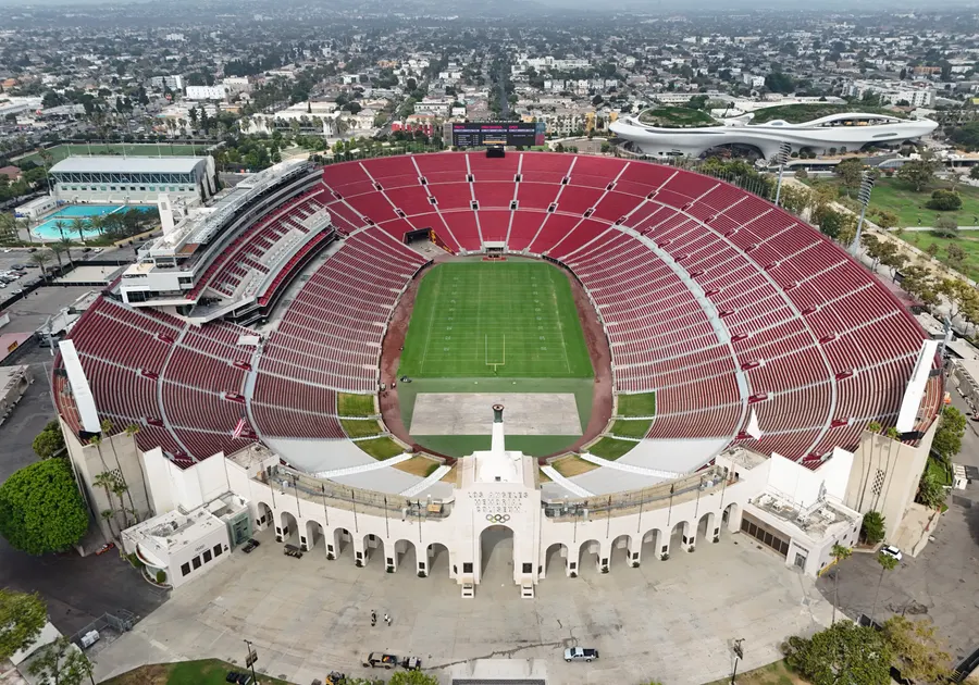 The Los Angeles Memorial Coliseum, where the first Super Bowl was played, seen from the air in 2025.