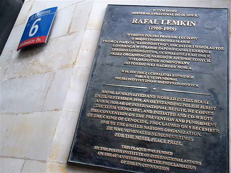 A plaque in Warsaw honouring Raphael Lemkin, the lawyer who coined the word genocide.