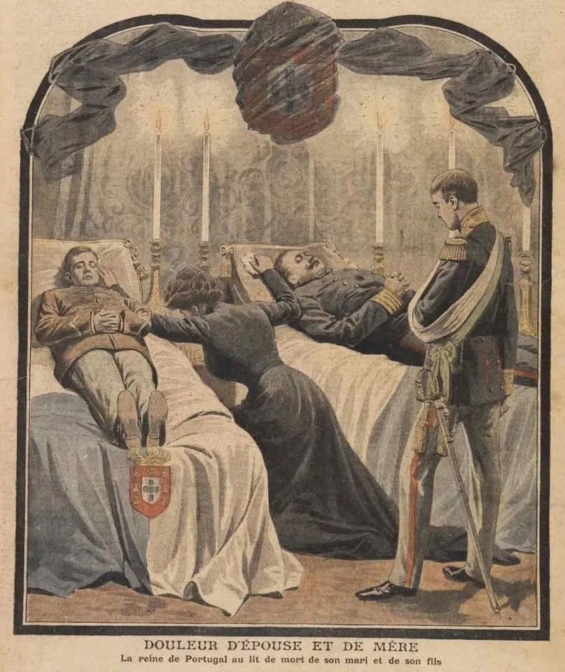 Queen Amélie mourning her husband and son, with the wounded Prince Manuel beside her, on the cover of a French magazine in February 1908.