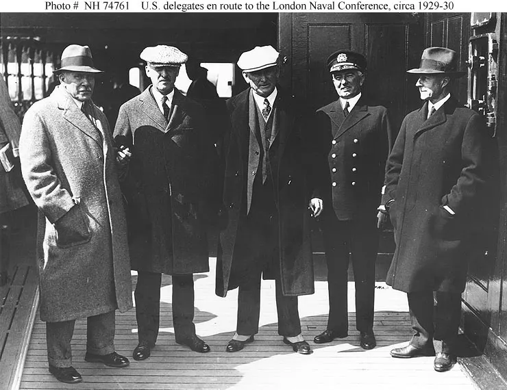 Members of the US delegation on their way to the London Naval Conference, around 1929 to 1930.