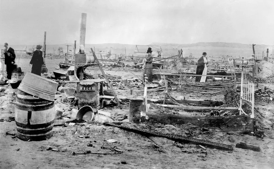 The ruins of the Ludlow tent colony in Colorado after the attack, April 1914.