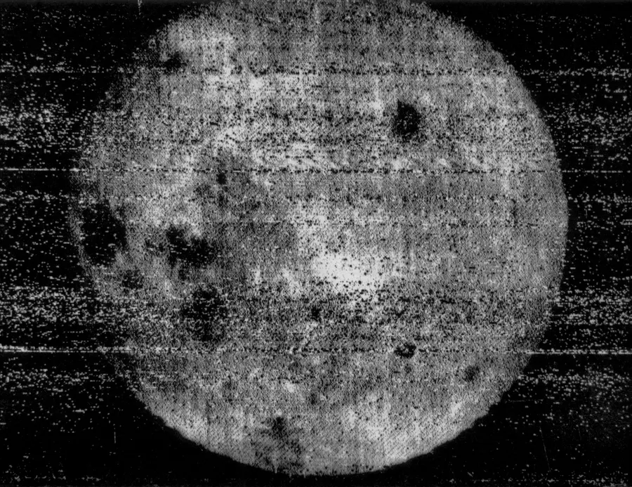 The first usable photograph of the Moon's far side, frame 29 from Luna 3, taken on 7 October 1959.
