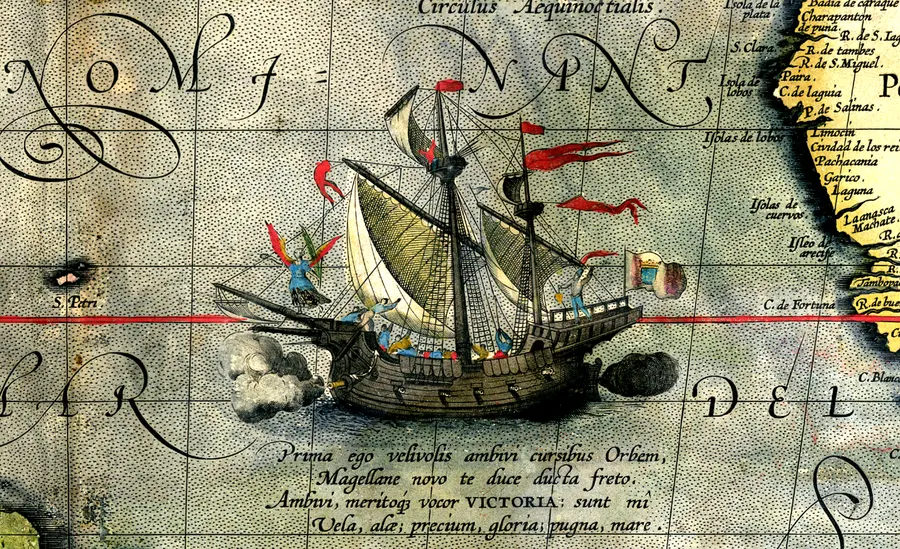 Magellan's ship Victoria, from a map by Abraham Ortelius, 1590.