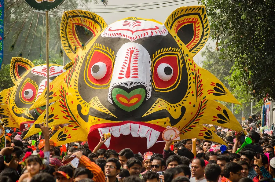 Giant masks in the Mangal Shobhajatra procession in Dhaka for Bengali New Year.