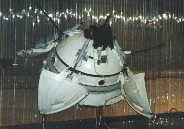 A model of the Soviet Mars 3 lander, of the same design as Mars 2's, at the Memorial Museum of Cosmonautics in Moscow.