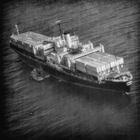The container ship SS Mayaguez at sea, photographed by the US Air Force in 1975.