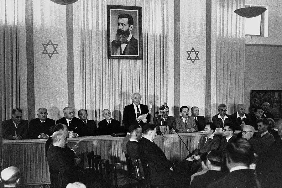 David Ben-Gurion reads the declaration in the Tel Aviv Museum, 14 May 1948