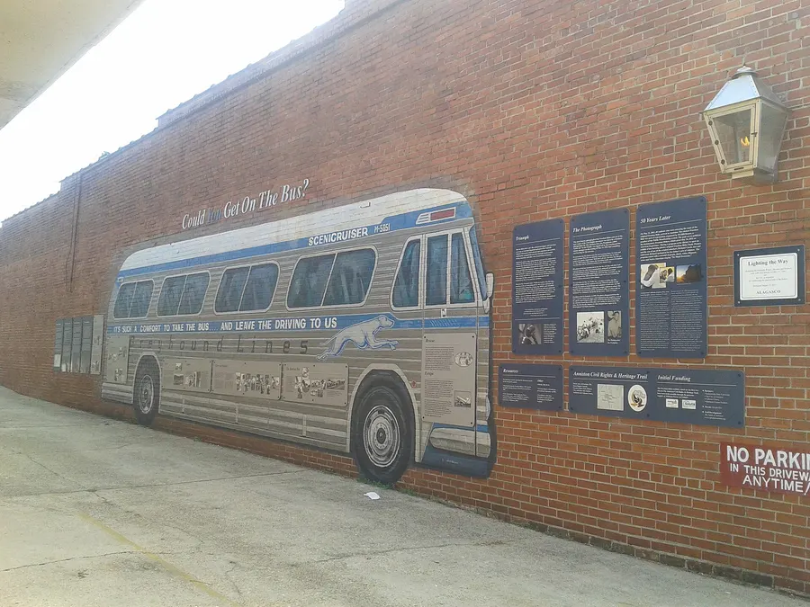 Bus mural and signage at the Freedom Riders National Monument in Anniston, Alabama