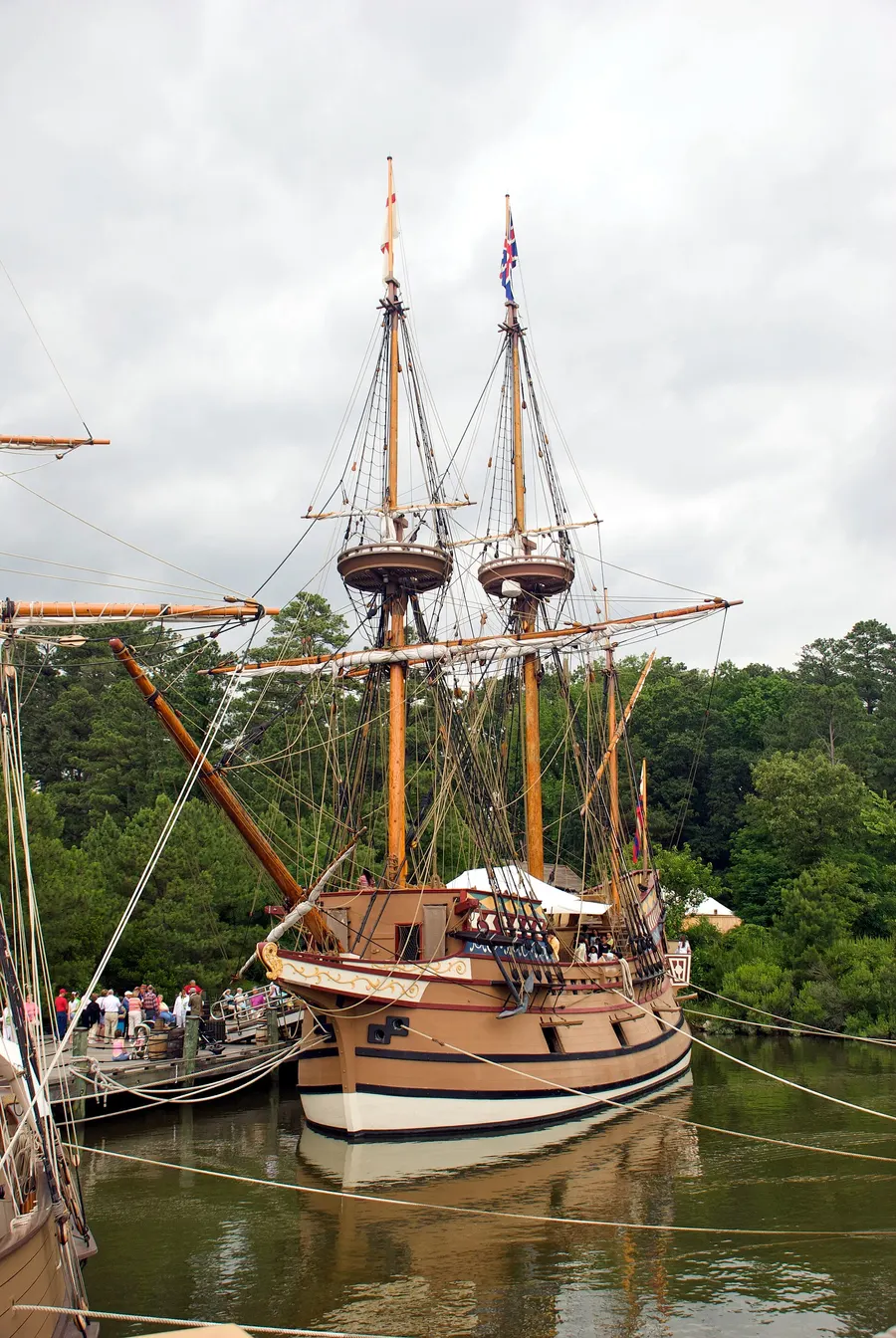 A replica of one of the three Jamestown ships, moored at Jamestown Settlement, Virginia.